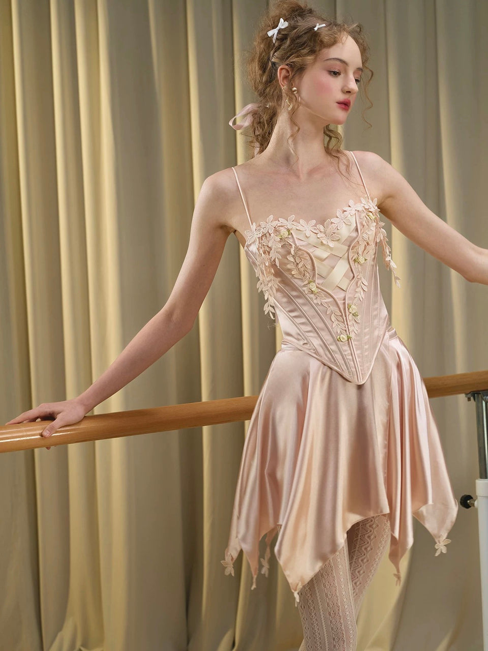 French Ballet-Inspired Pink Satin Corset and Skirt Set with Boned Bodice and Sweet Spaghetti Strap Design