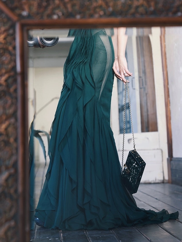 dalan dress- dark green evening dress reviews Dark Green Off The Shoulder Slit Satin Dress