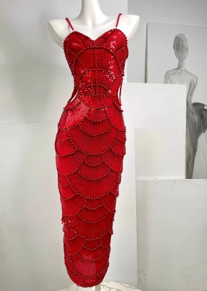 Antoinella Dress — Red Hand-Beaded Bodycon Dress, Seashell Pearl Embellishment with Waist Cut-Out | ÀMonBelAmour