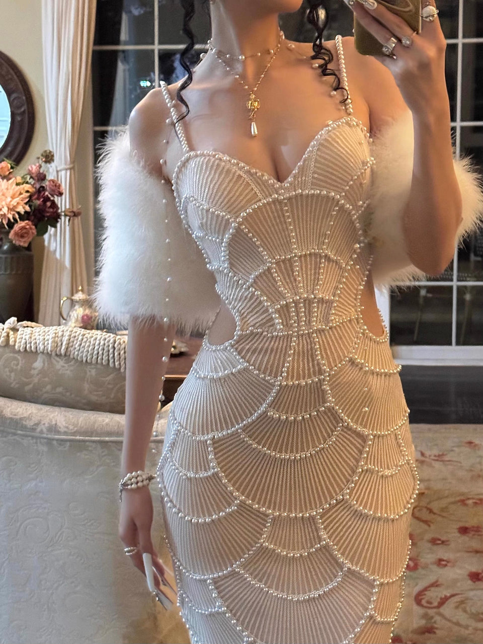 Antoinella Dress — Pearlescent White Hand-Beaded Bodycon Dress, Seashell Pearl Embellishment with Waist Cut-Out | ÀMonBelAmour
