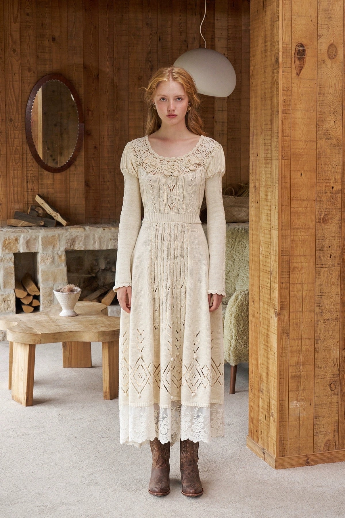 autumn dress in lace Elegant Pleated Lace Midi Dress with Belt and Flower Detail AOMEI DRESS