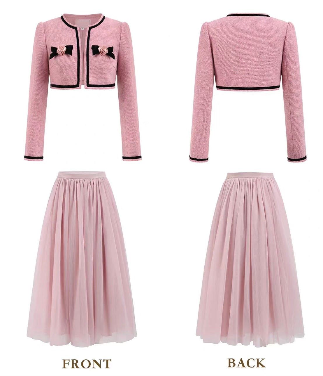 The Rose Parlour — pink tweed three-piece set, corset top jacket and tulle skirt with velvet bows | ÀMonBelAmour