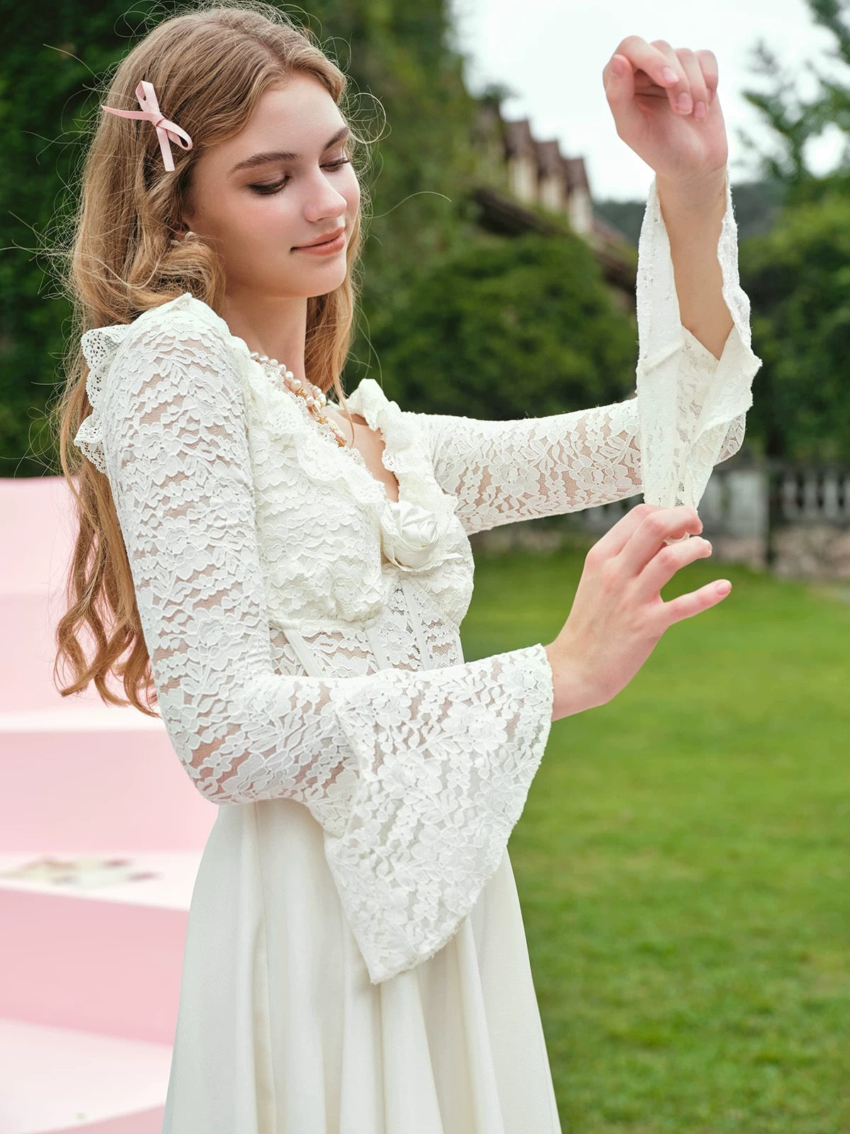 white lace dance dress Lace Top Bridal Dance Dress With Flowy Skirt