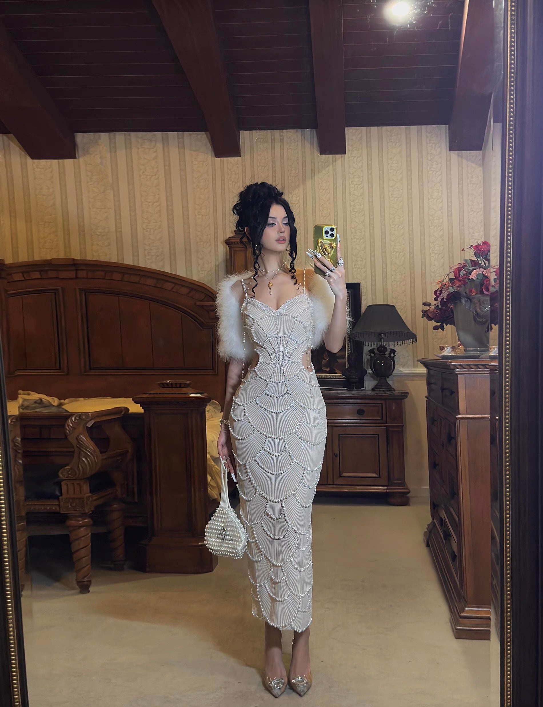 pearl mermaid dress Pearl Beaded Corset Mermaid Wedding Dress with Tulle Sleeves 20 / Dress