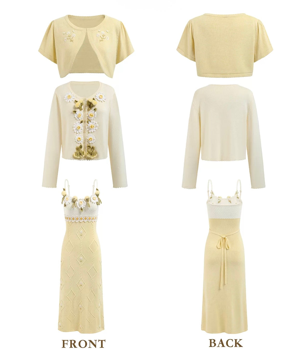 Daisy Manor — ivory buttercup wool blend knit slip dress & bolero set, daisy crochet, lace trim, embroidered skirt | ÀMonBelAmour