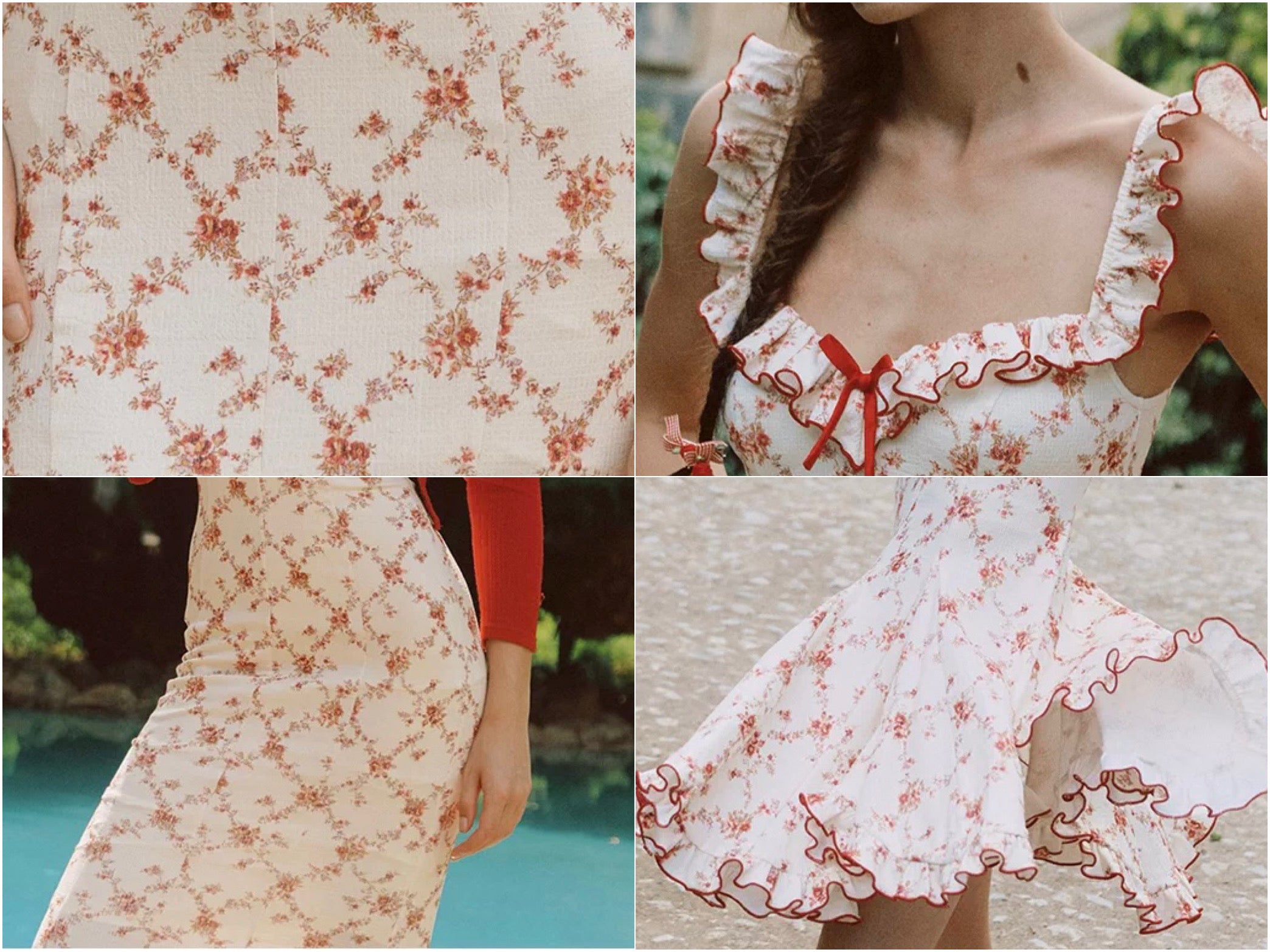 'Rose Trellis' — cream floral fishtail midi dress, ruffle square neckline with red trim | ÀMonBelAmour