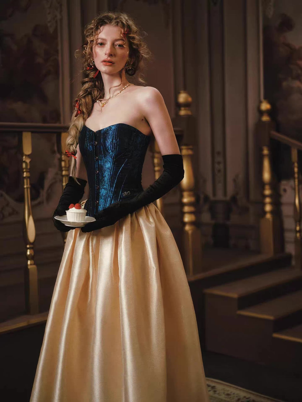 'Princess Darina' — sapphire blue jacquard strapless corset, lace-up back with boning | ÀMonBelAmour