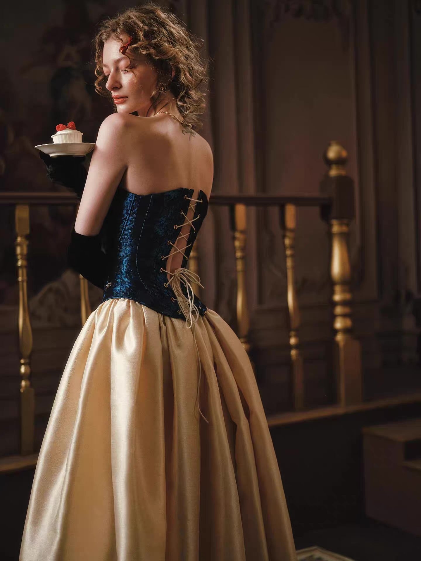 'Princess Darina' — sapphire blue jacquard strapless corset, lace-up back with boning | ÀMonBelAmour