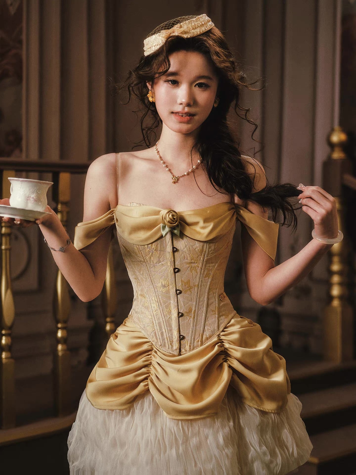 'Princess Osmanthus' — gold jacquard corset and ivory tulle two-piece set, ruched satin neckline with lace-up back | ÀMonBelAmour