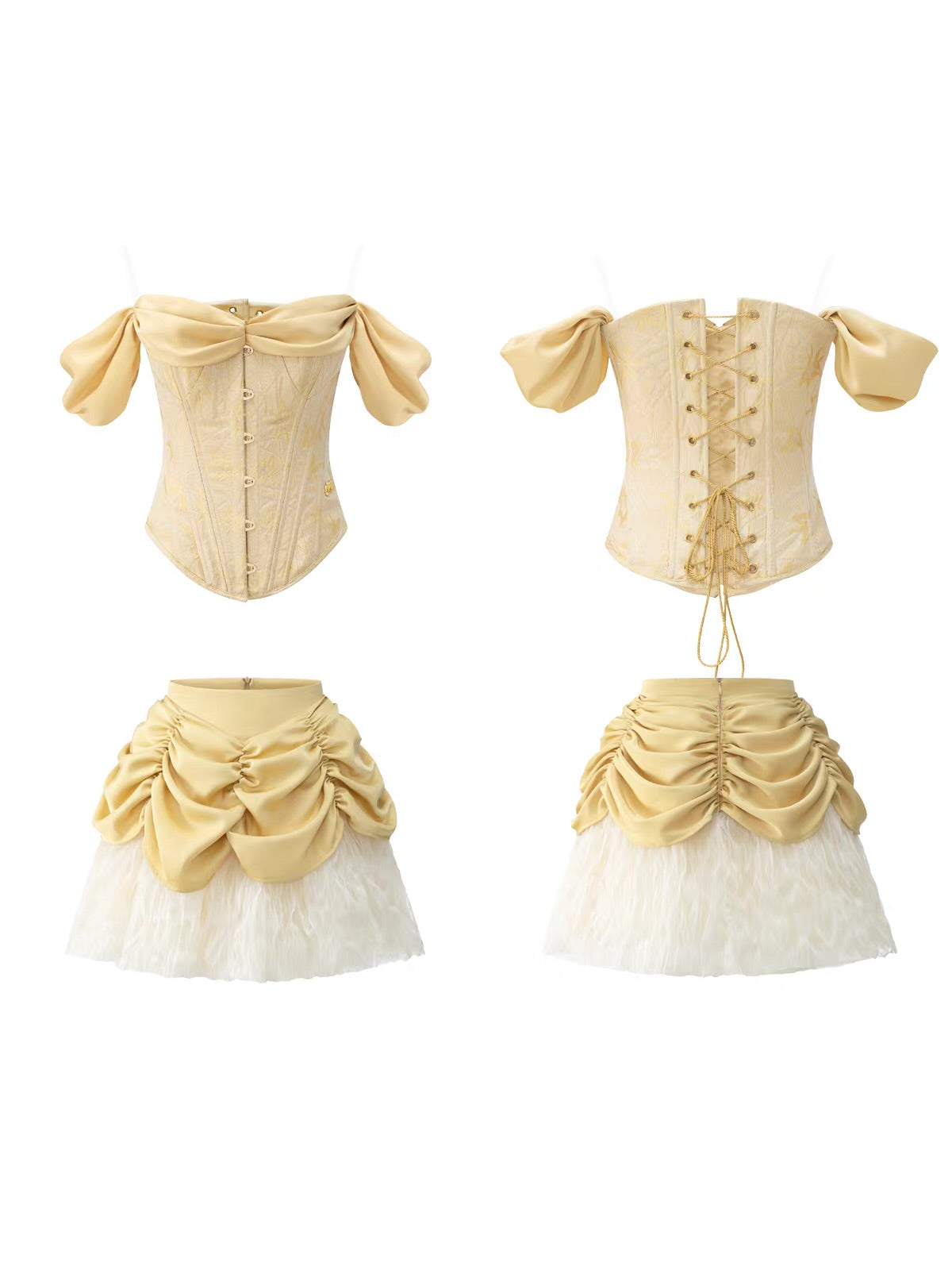 'Princess Osmanthus' — gold jacquard corset and ivory tulle two-piece set, ruched satin neckline with lace-up back | ÀMonBelAmour