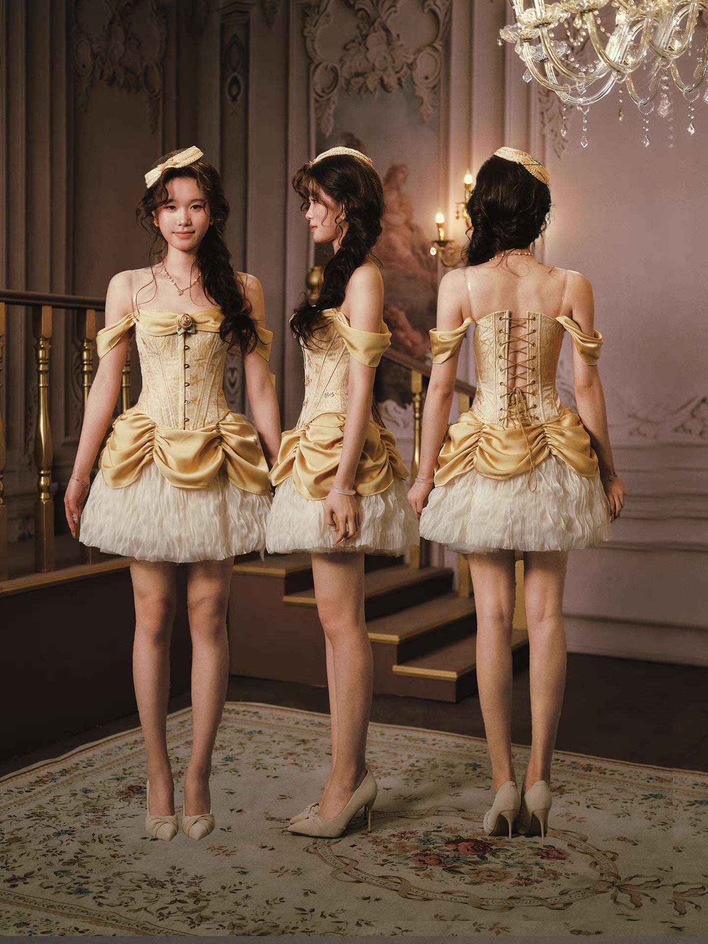 'Princess Osmanthus' — gold jacquard corset and ivory tulle two-piece set, ruched satin neckline with lace-up back | ÀMonBelAmour