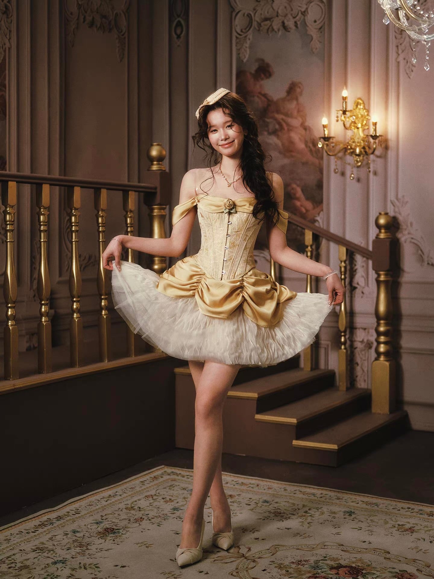 'Princess Osmanthus' — gold jacquard corset and ivory tulle two-piece set, ruched satin neckline with lace-up back | ÀMonBelAmour