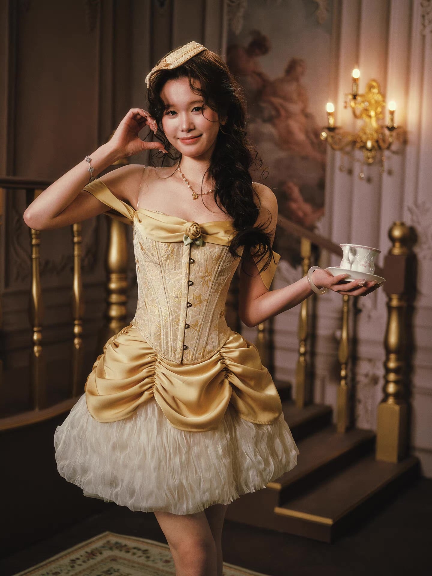 'Princess Osmanthus' — gold jacquard corset and ivory tulle two-piece set, ruched satin neckline with lace-up back | ÀMonBelAmour