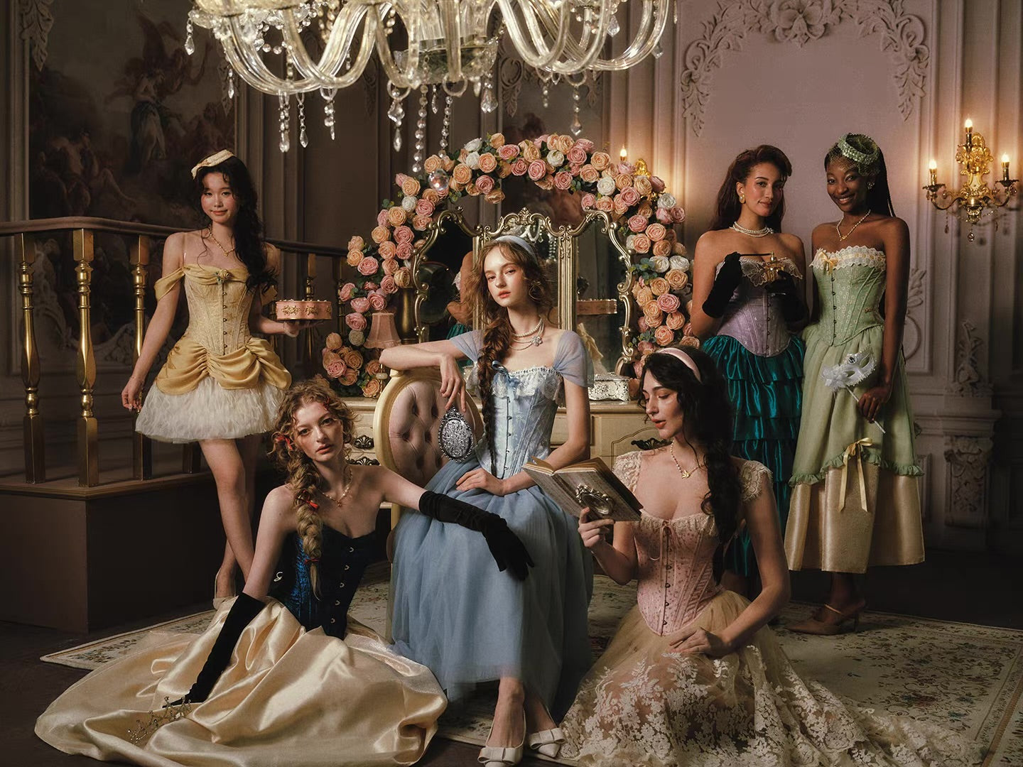 'Princess Osmanthus' — gold jacquard corset and ivory tulle two-piece set, ruched satin neckline with lace-up back | ÀMonBelAmour