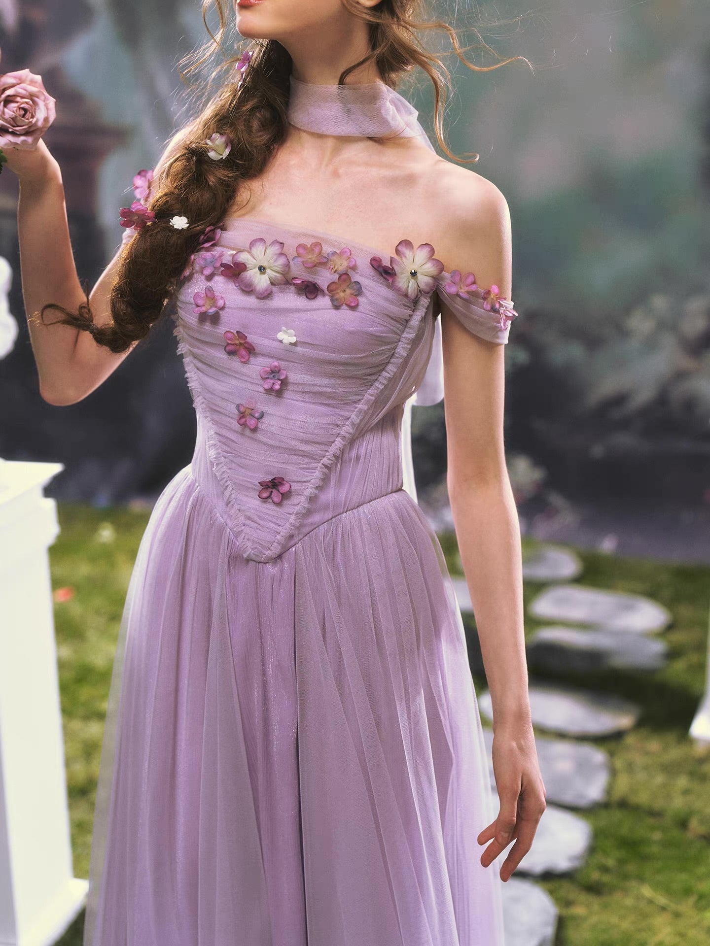 amethyst formal dresses open lace back dress Amethyst Flower Fairy Satin Long Sleeve Evening Dress Aquarius Brand