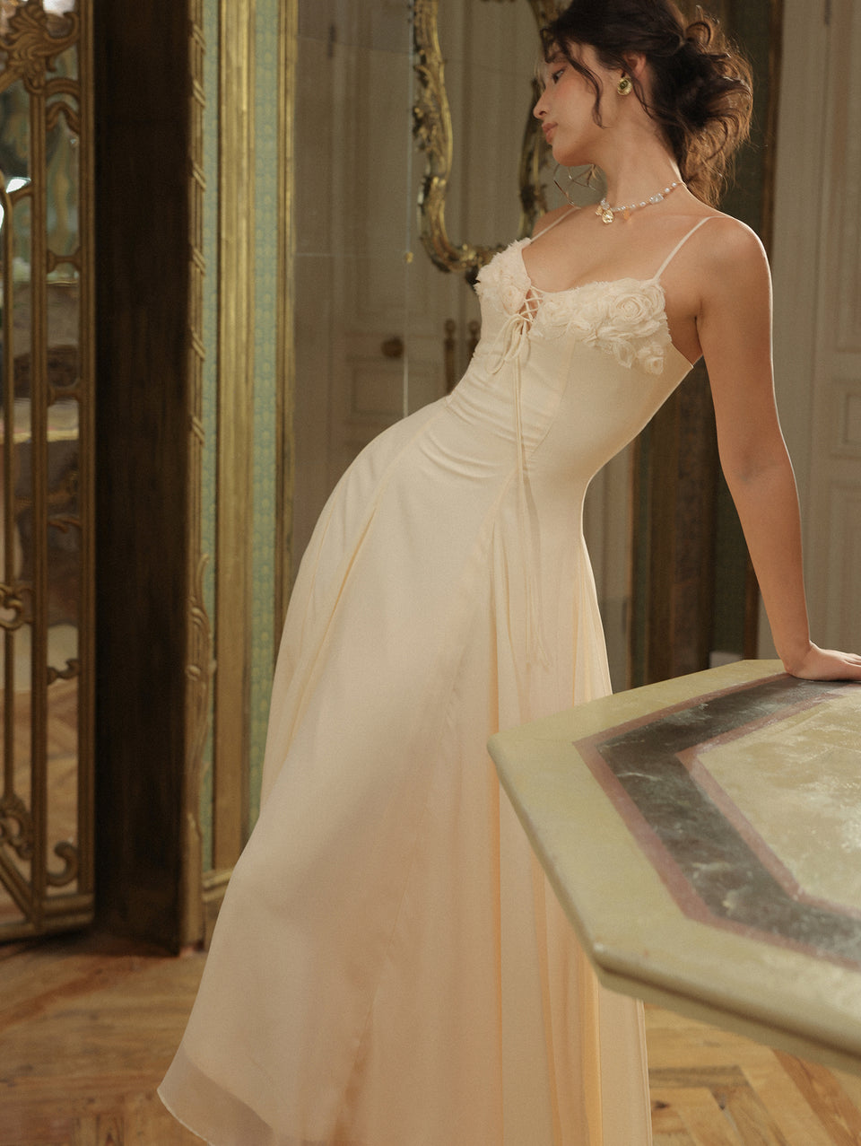 'Midori' Dress — Apricot Chiffon A-Line, 3D Rose Appliqué Lace-Up Bodice | ÀMonBelAmour