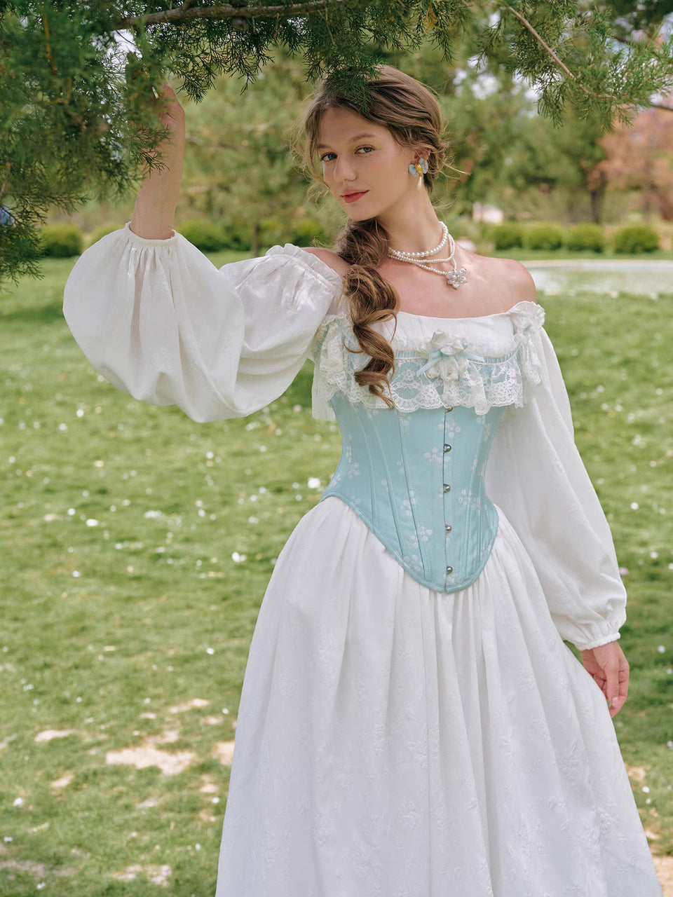 Aquafrost Maiden — ice-blue floral jacquard corset & white puff-sleeve midi dress, boned fairy-tale renaissance set | ÀMonBelAmour