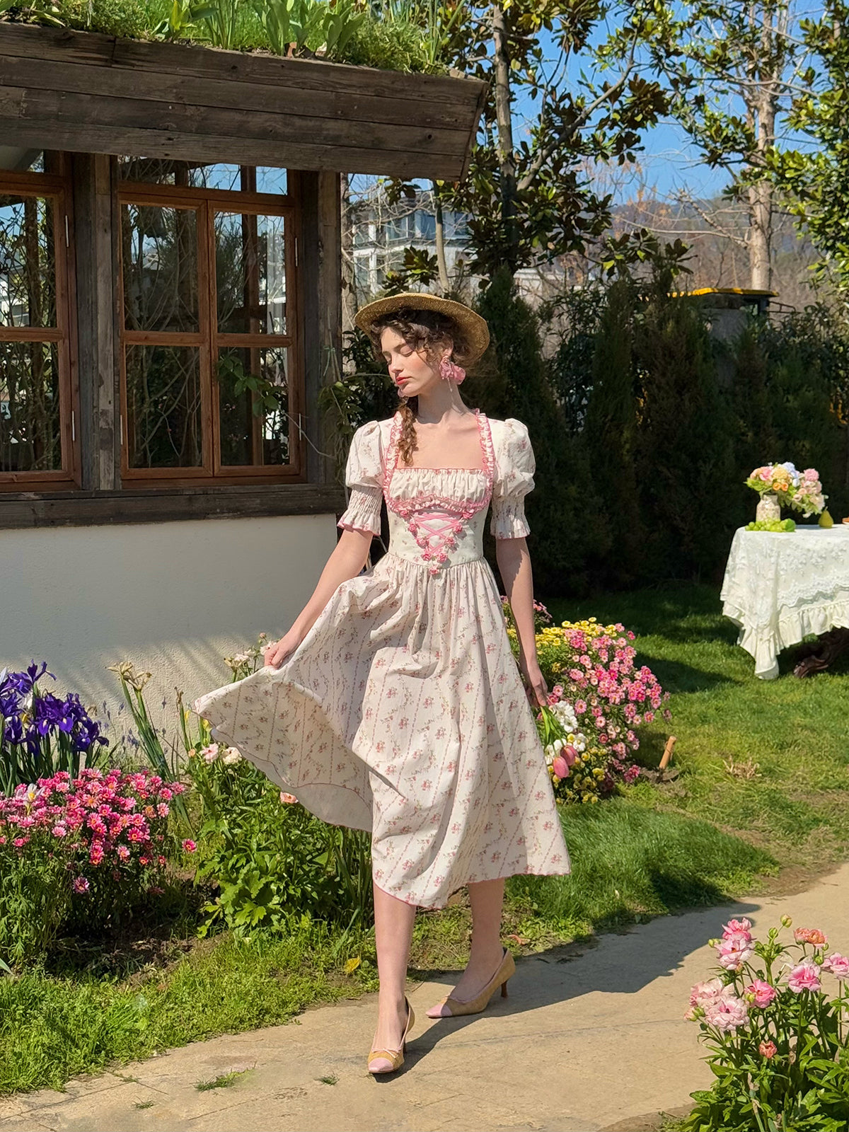 Brigitta Vintage Rose Cotton Corset Dress – French Cottagecore Midi Style – ÀMonBelAmour