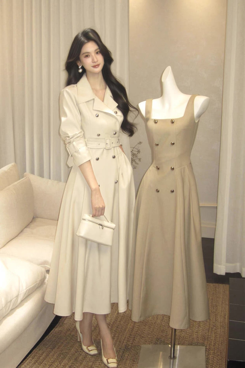 Presley Set — ecru serge trench dress & cropped jacket, double-breasted buttons with A-line skirt | ÀMonBelAmour