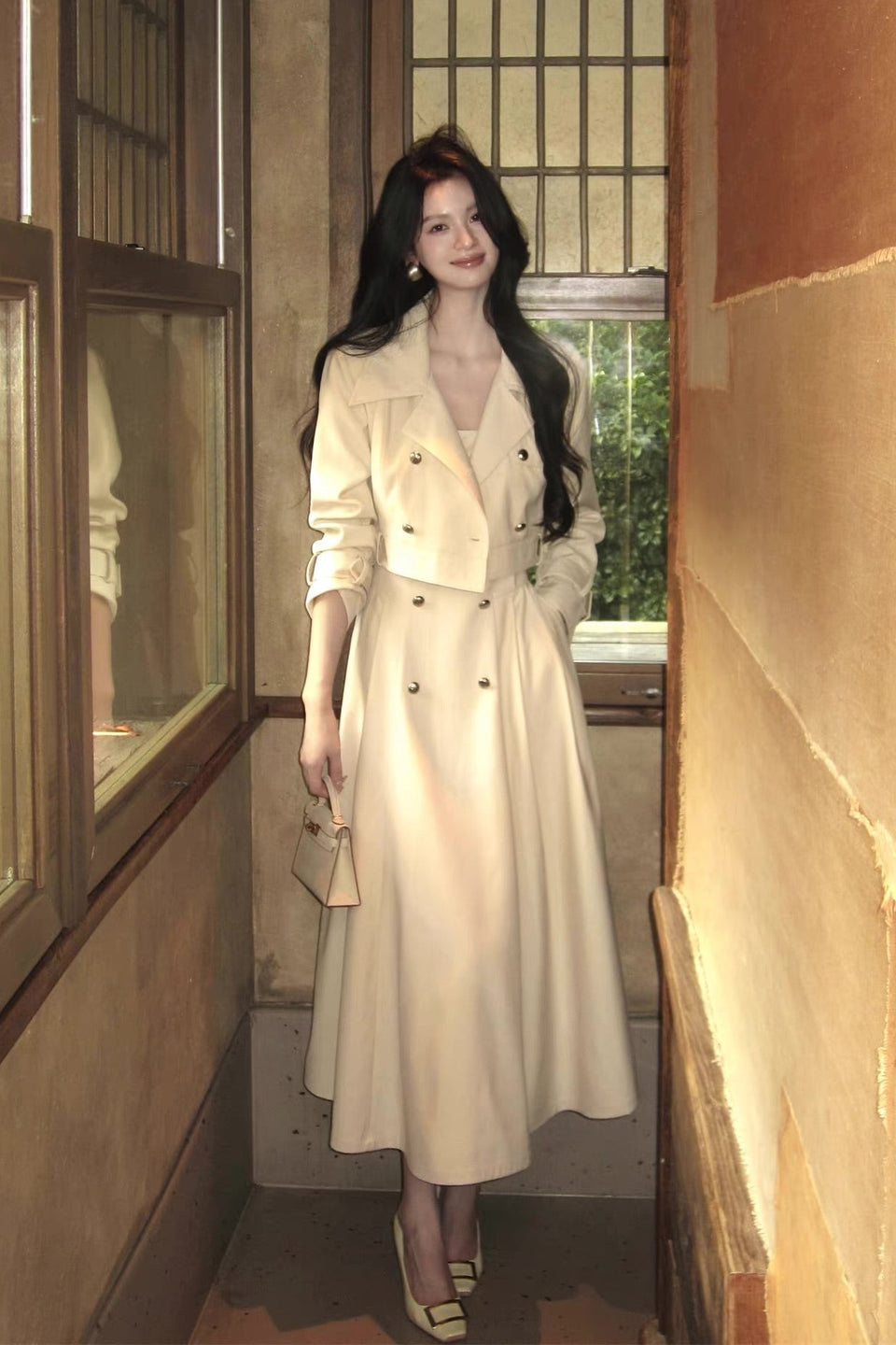 Presley Set — ecru serge trench dress & cropped jacket, double-breasted buttons with A-line skirt | ÀMonBelAmour