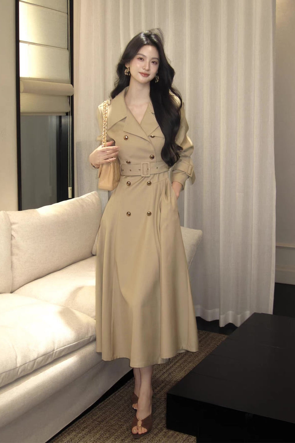 Presley Set — ecru serge trench dress & cropped jacket, double-breasted buttons with A-line skirt | ÀMonBelAmour
