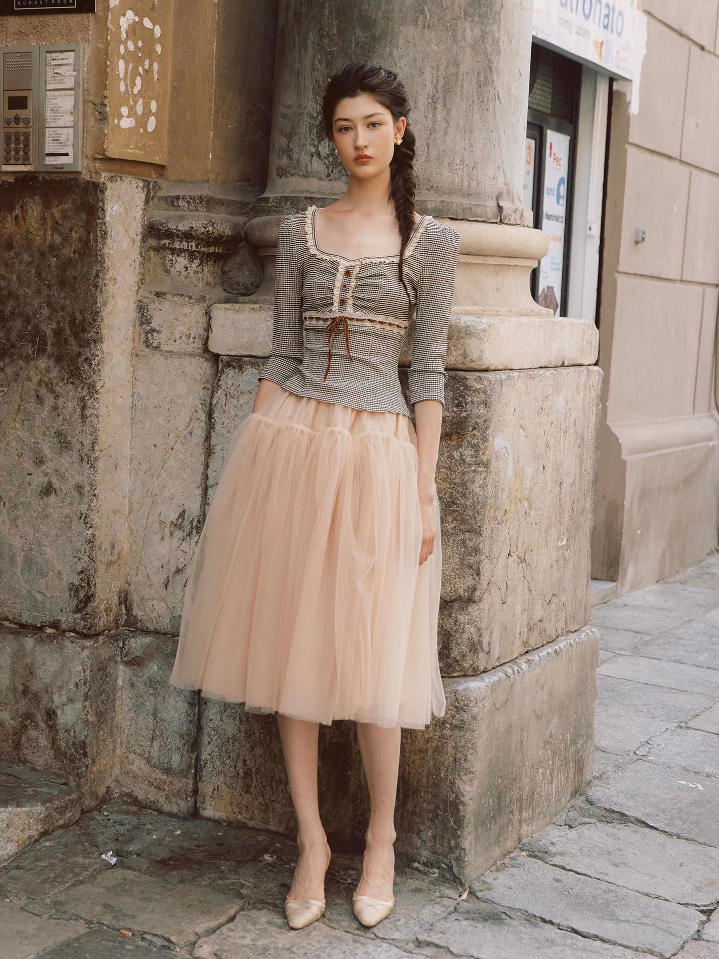 Passeggiata Top — black-and-cream checked square-neck top, lace trim & velvet bow | ÀMonBelAmour