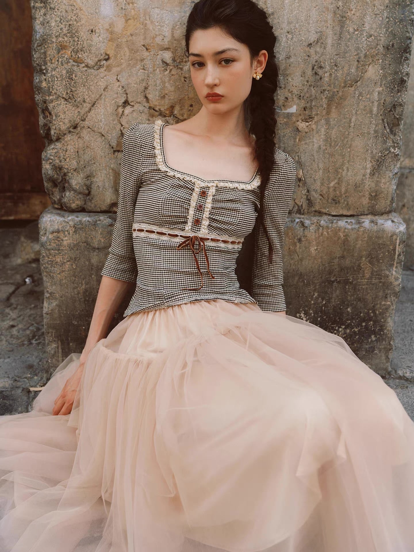 Passeggiata Top — black-and-cream checked square-neck top, lace trim & velvet bow | ÀMonBelAmour