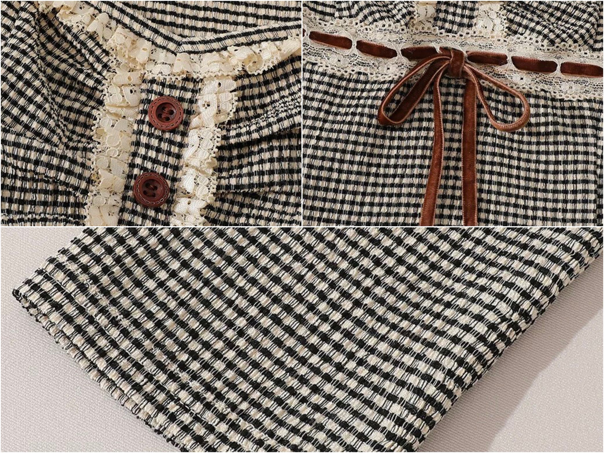 Passeggiata Top — black-and-cream checked square-neck top, lace trim & velvet bow | ÀMonBelAmour