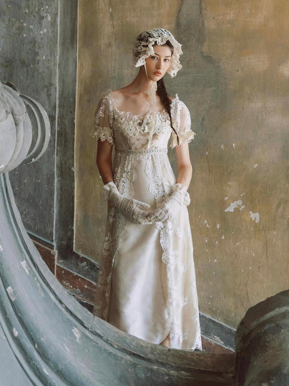 'Seraphine' — almond cream lace Empire-waist midi dress, off-shoulder with two-way puff sleeves & beaded bodice | ÀMonBelAmour