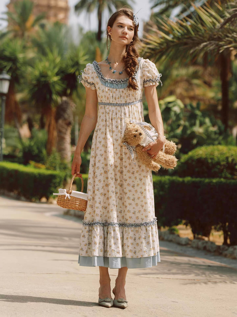 'Daisy Melody' — cream floral cotton Regency-waist midi dress, square neck with gingham ruffle and puff sleeves | ÀMonBelAmour