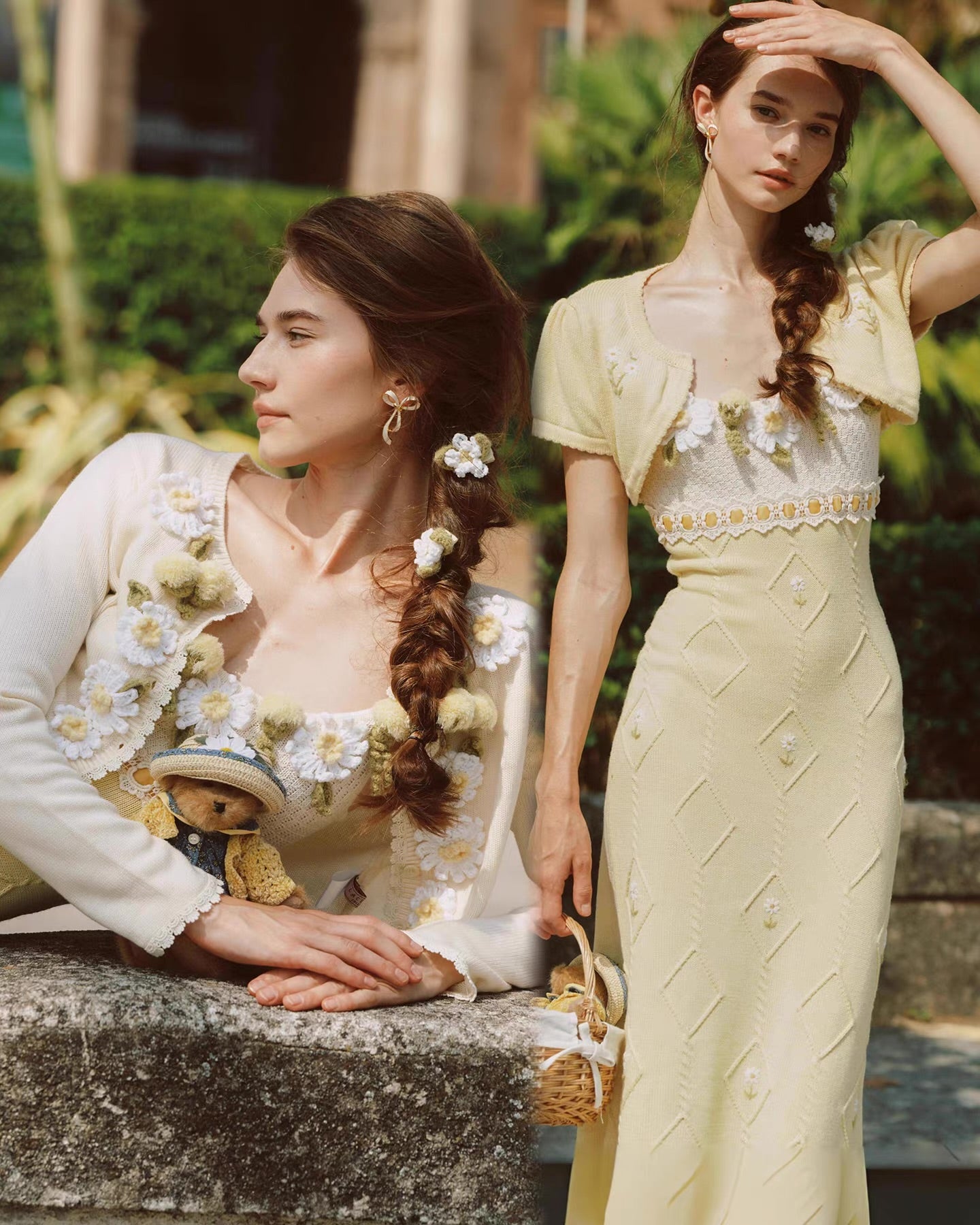 Daisy Manor — ivory buttercup wool blend knit slip dress & bolero set, daisy crochet, lace trim, embroidered skirt | ÀMonBelAmour