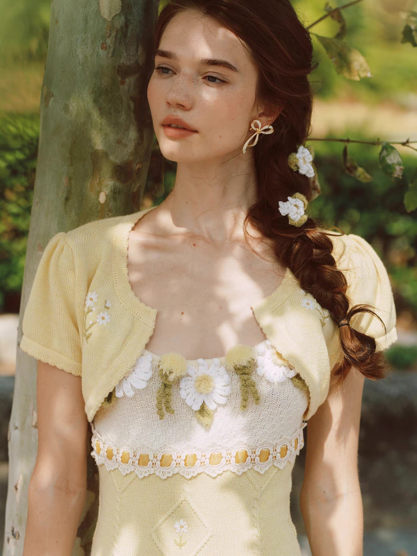 Daisy Manor — ivory buttercup wool blend knit slip dress & bolero set, daisy crochet, lace trim, embroidered skirt | ÀMonBelAmour