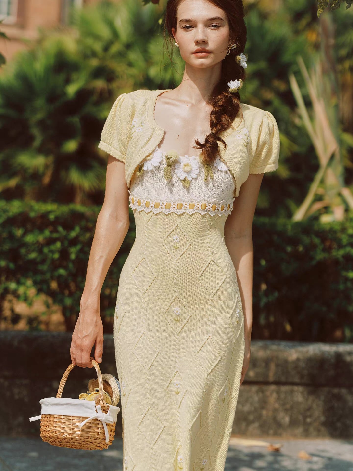 Daisy Manor — ivory buttercup wool blend knit slip dress & bolero set, daisy crochet, lace trim, embroidered skirt | ÀMonBelAmour