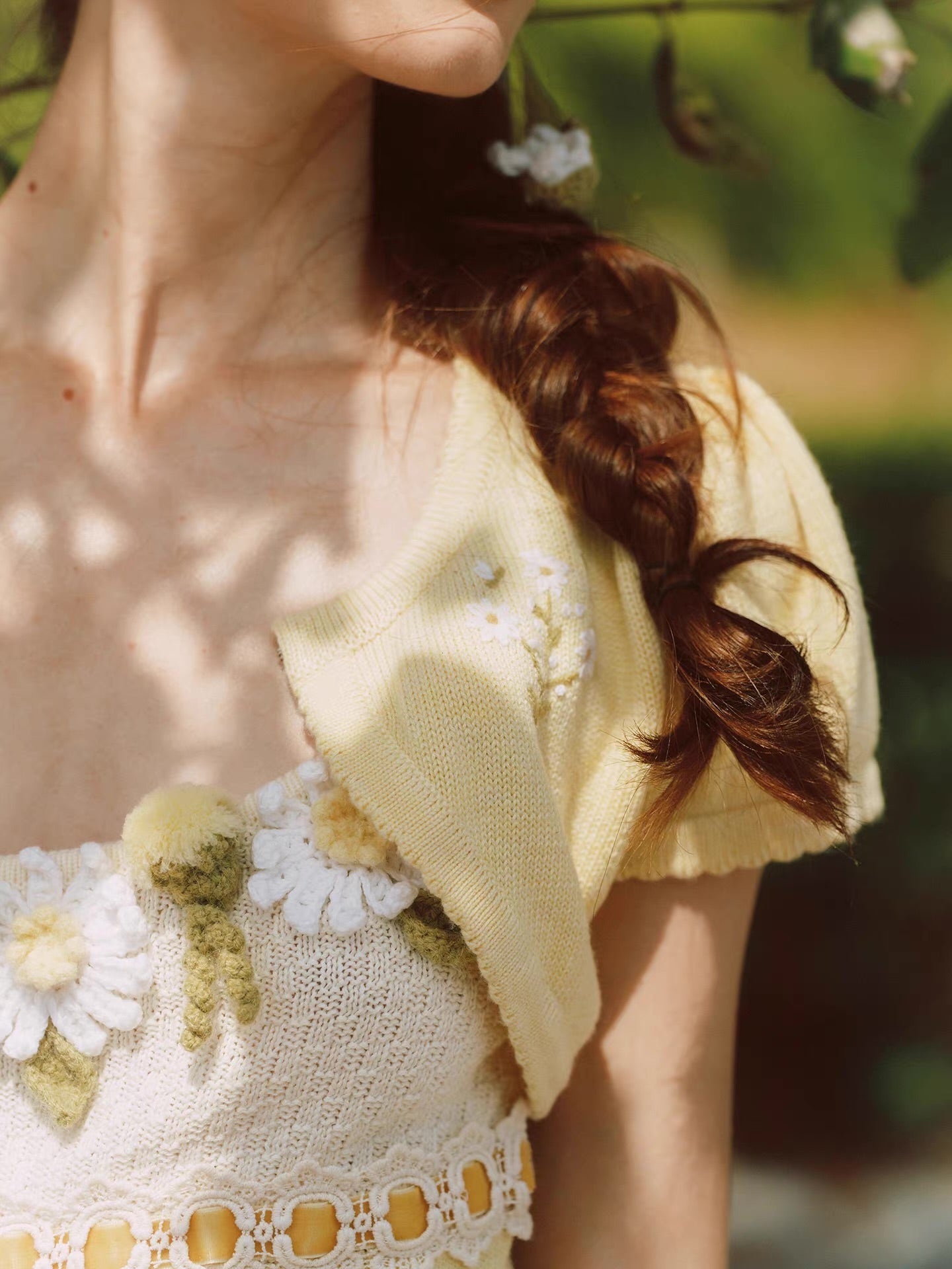 Daisy Manor — ivory buttercup wool blend knit slip dress & bolero set, daisy crochet, lace trim, embroidered skirt | ÀMonBelAmour