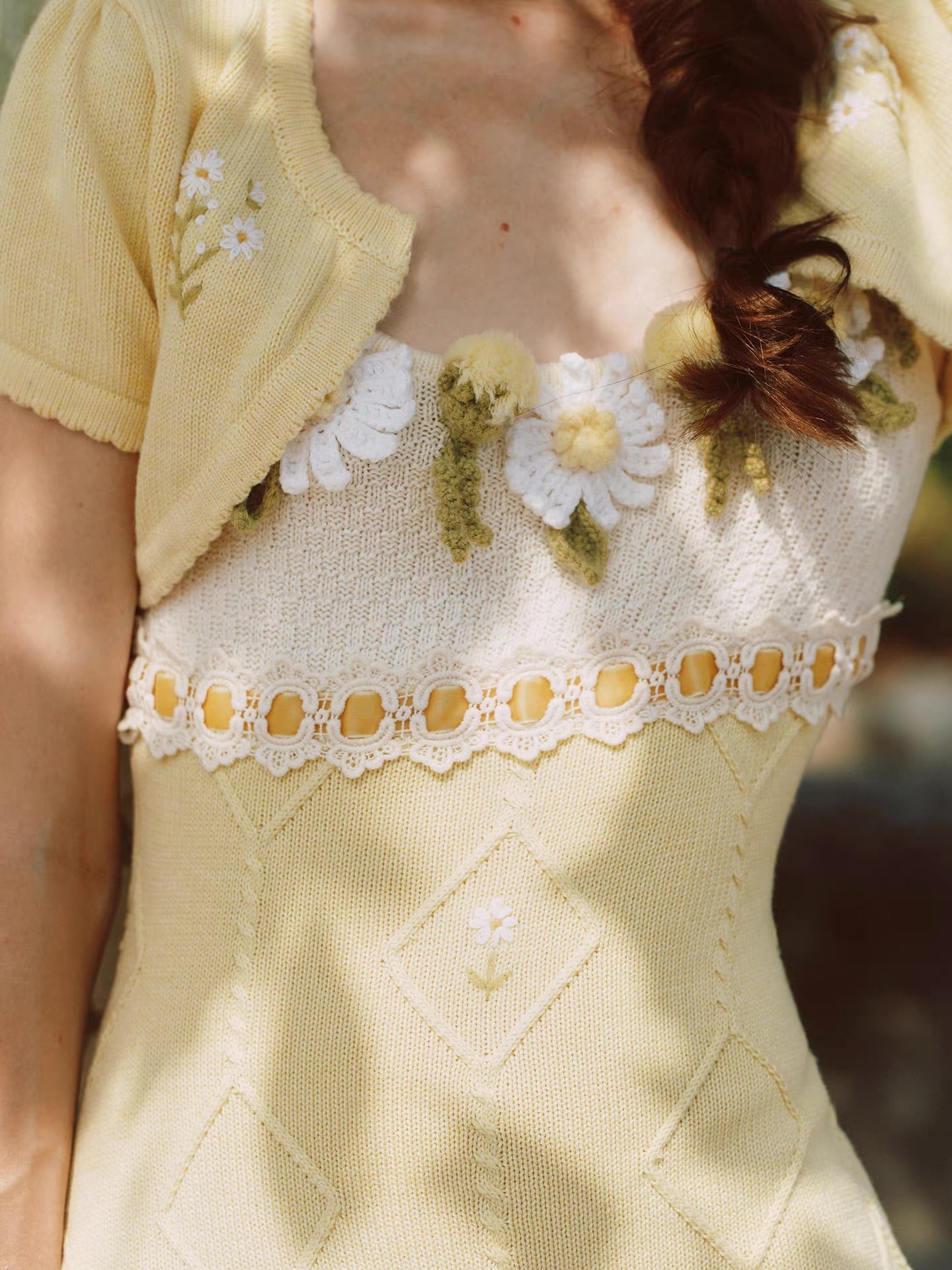 Daisy Manor — ivory buttercup wool blend knit slip dress & bolero set, daisy crochet, lace trim, embroidered skirt | ÀMonBelAmour