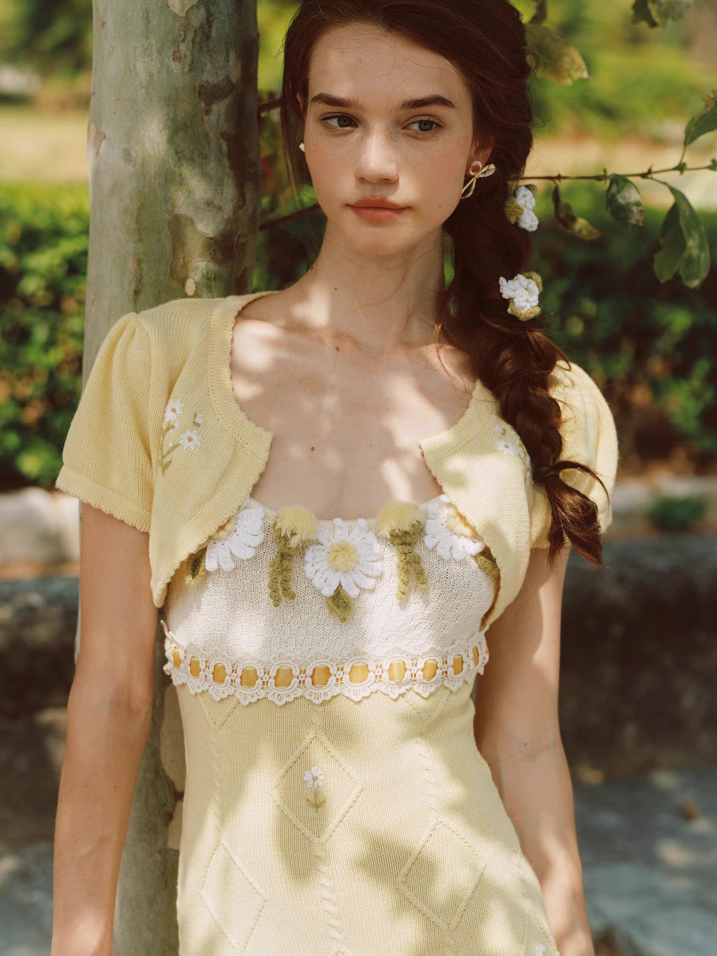 Daisy Manor — ivory buttercup wool blend knit slip dress & bolero set, daisy crochet, lace trim, embroidered skirt | ÀMonBelAmour