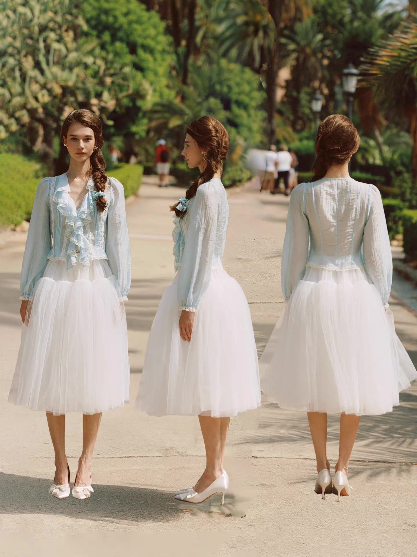 'Springtide' — powder-blue lace-trim blouse & ivory tulle skirt set, ruffle V-collar and pintuck pleats | ÀMonBelAmour