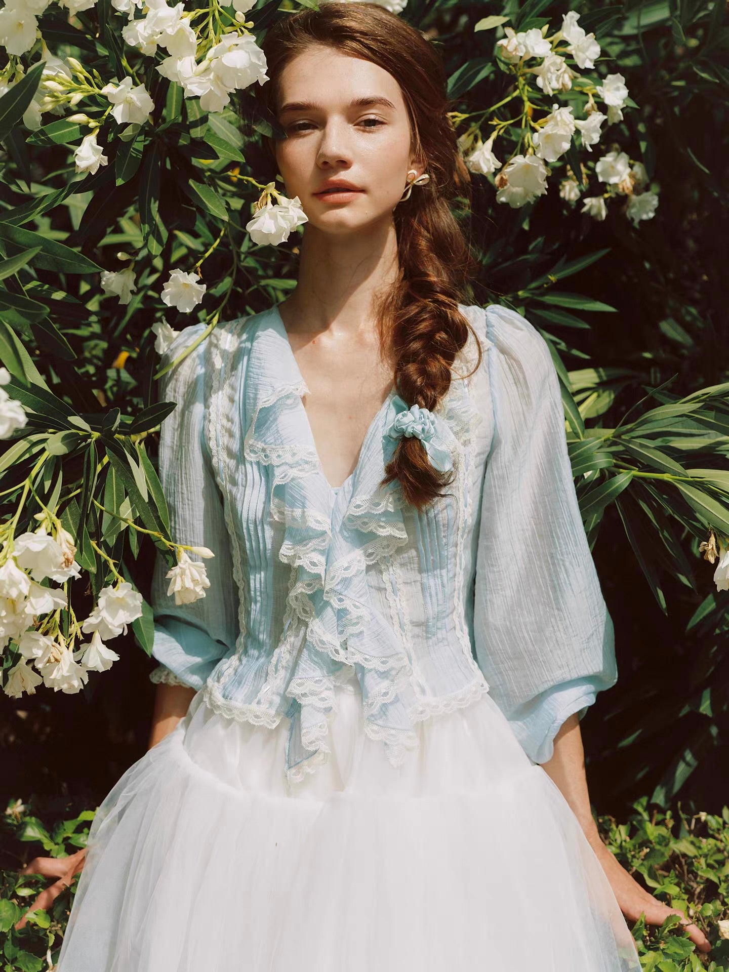 'Springtide' — powder-blue lace-trim blouse & ivory tulle skirt set, ruffle V-collar and pintuck pleats | ÀMonBelAmour