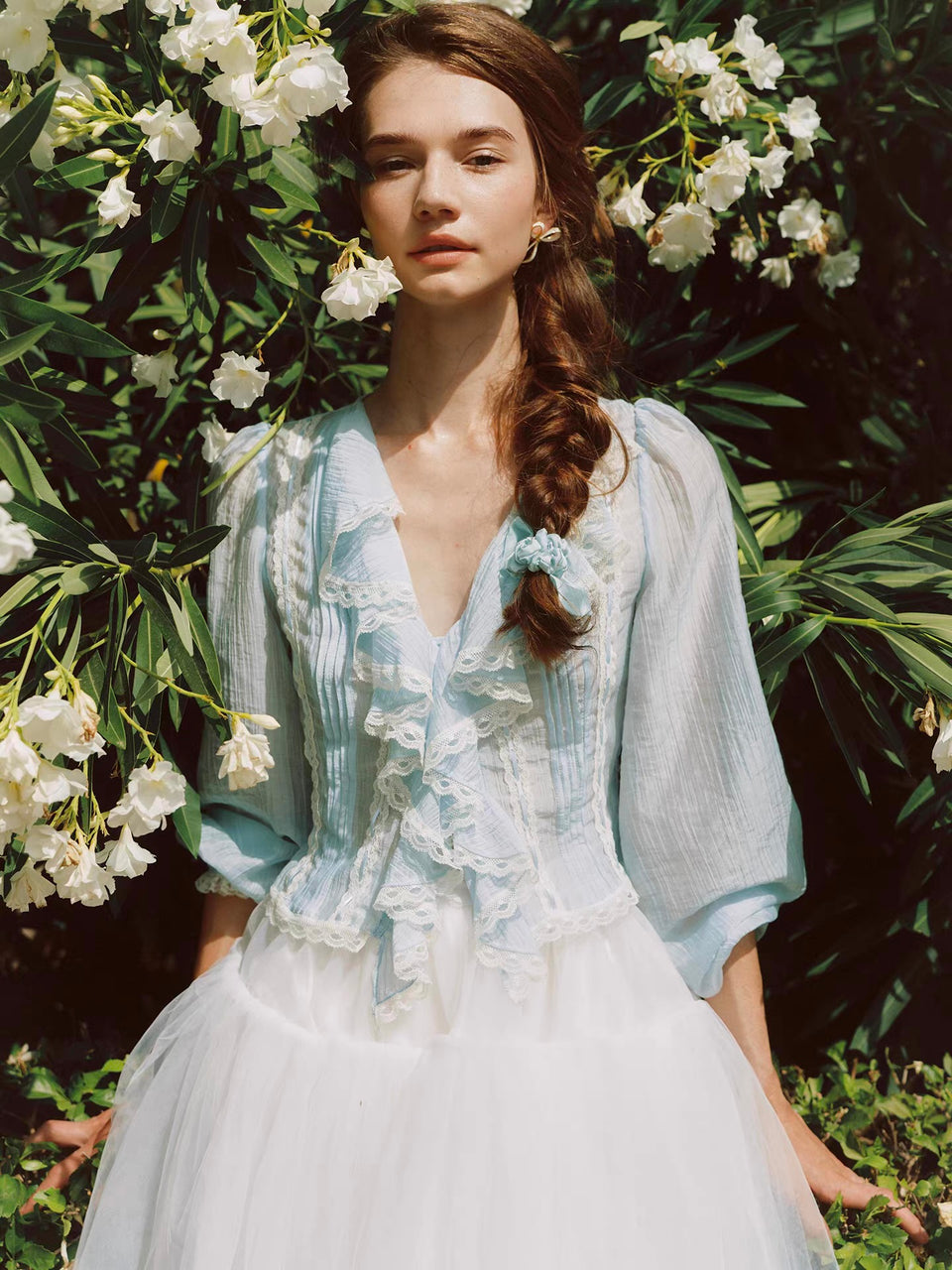 'Springtide' — powder-blue lace-trim blouse & ivory tulle skirt set, ruffle V-collar and pintuck pleats | ÀMonBelAmour
