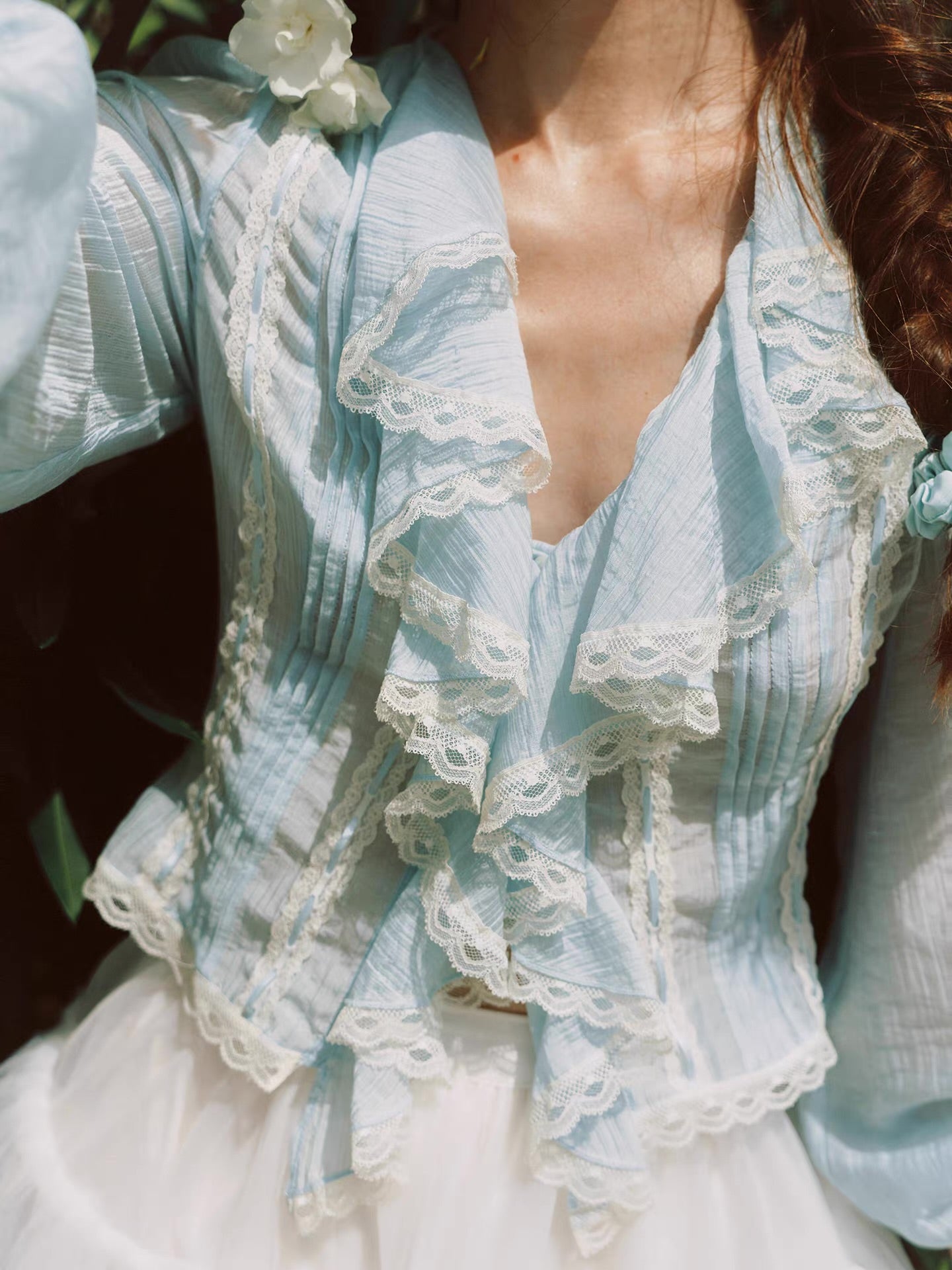 'Springtide' — powder-blue lace-trim blouse & ivory tulle skirt set, ruffle V-collar and pintuck pleats | ÀMonBelAmour