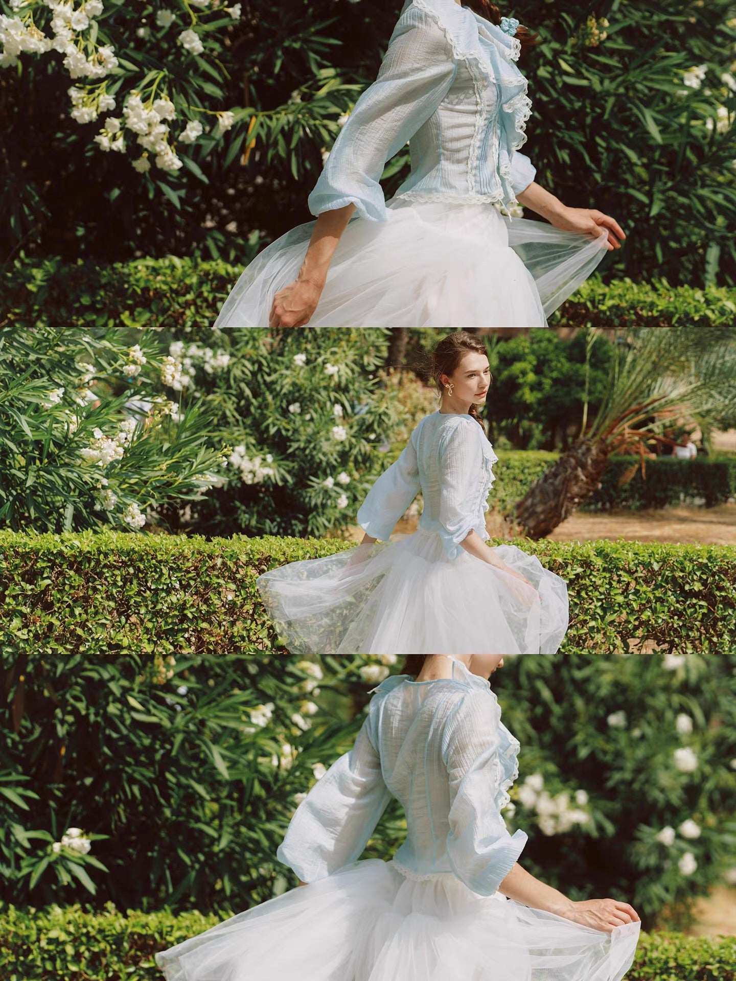 'Springtide' — powder-blue lace-trim blouse & ivory tulle skirt set, ruffle V-collar and pintuck pleats | ÀMonBelAmour