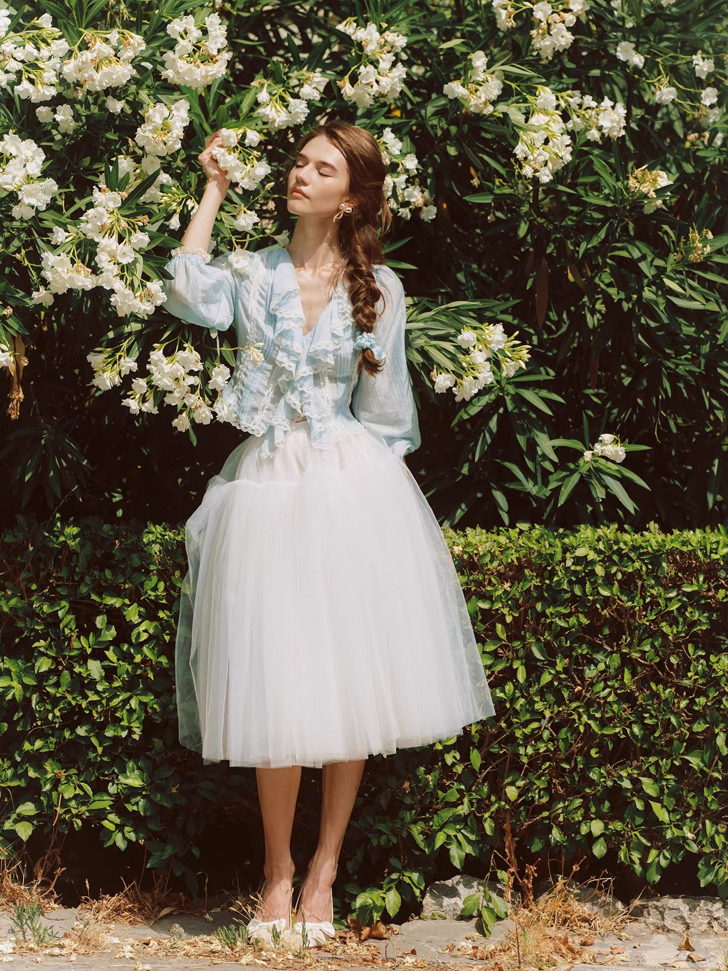'Springtide' — powder-blue lace-trim blouse & ivory tulle skirt set, ruffle V-collar and pintuck pleats | ÀMonBelAmour