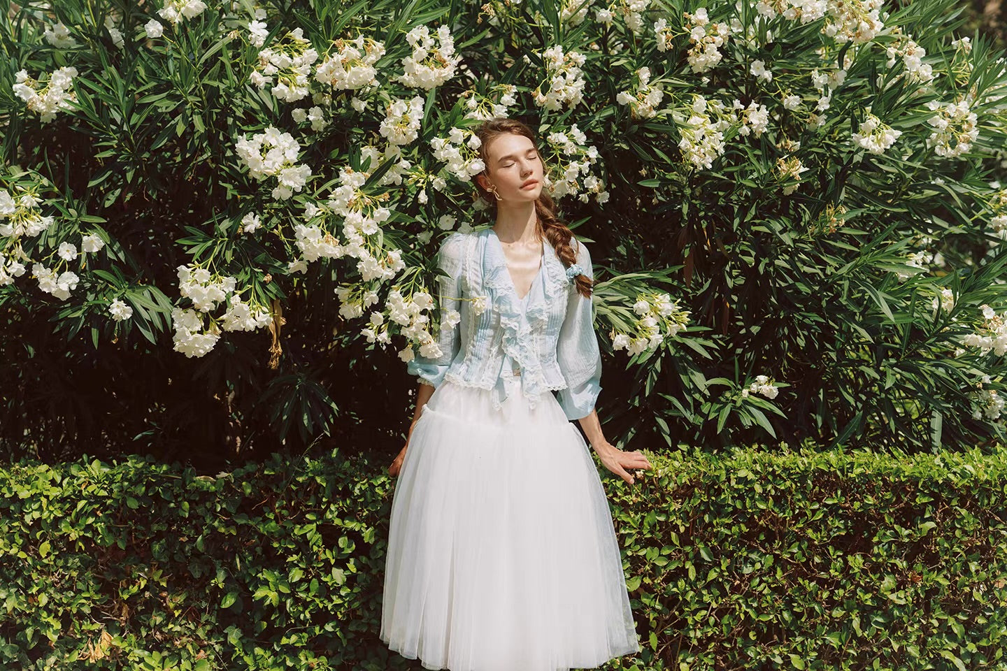 'Springtide' — powder-blue lace-trim blouse & ivory tulle skirt set, ruffle V-collar and pintuck pleats | ÀMonBelAmour
