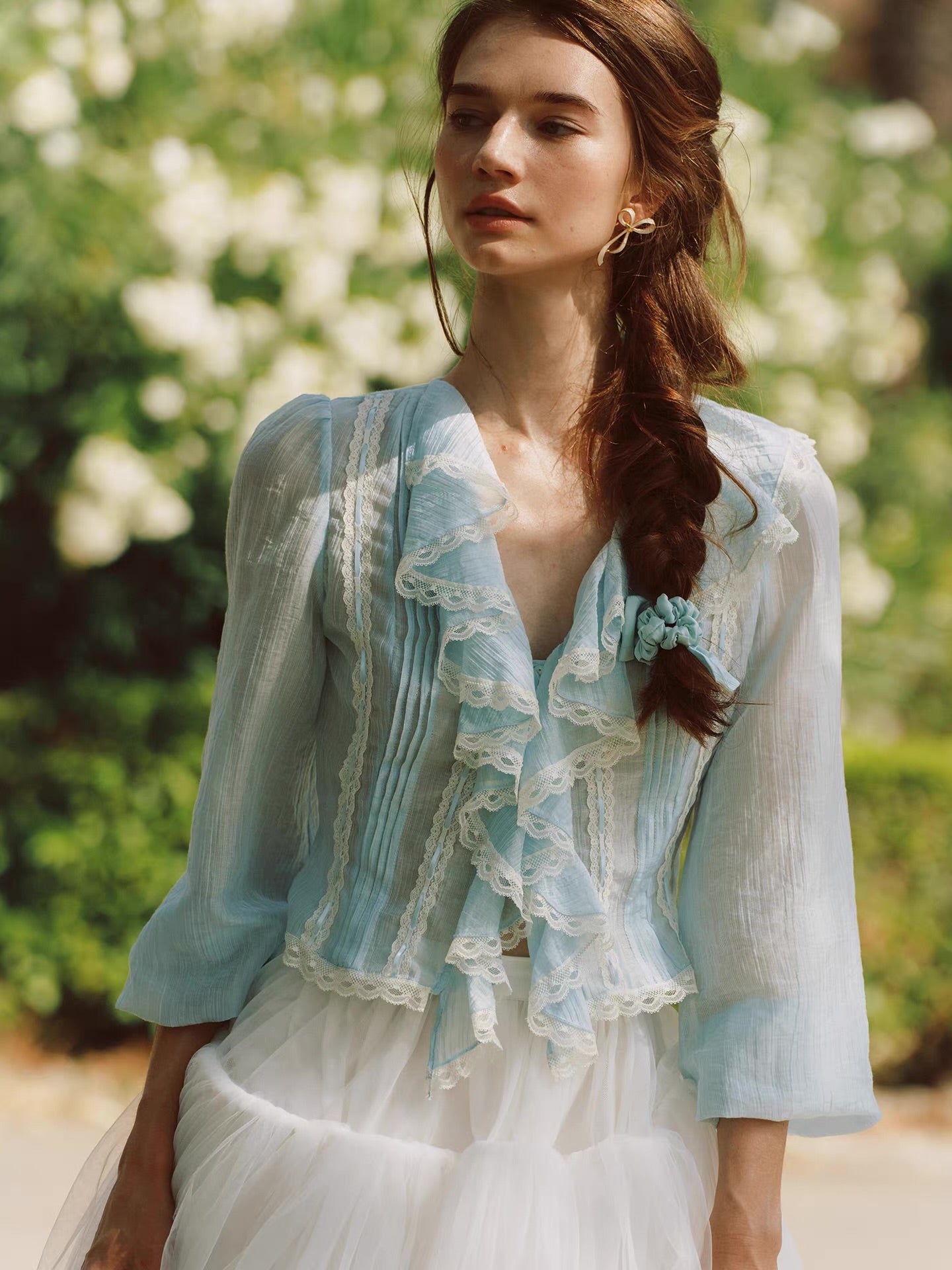 'Springtide' — powder-blue lace-trim blouse & ivory tulle skirt set, ruffle V-collar and pintuck pleats | ÀMonBelAmour