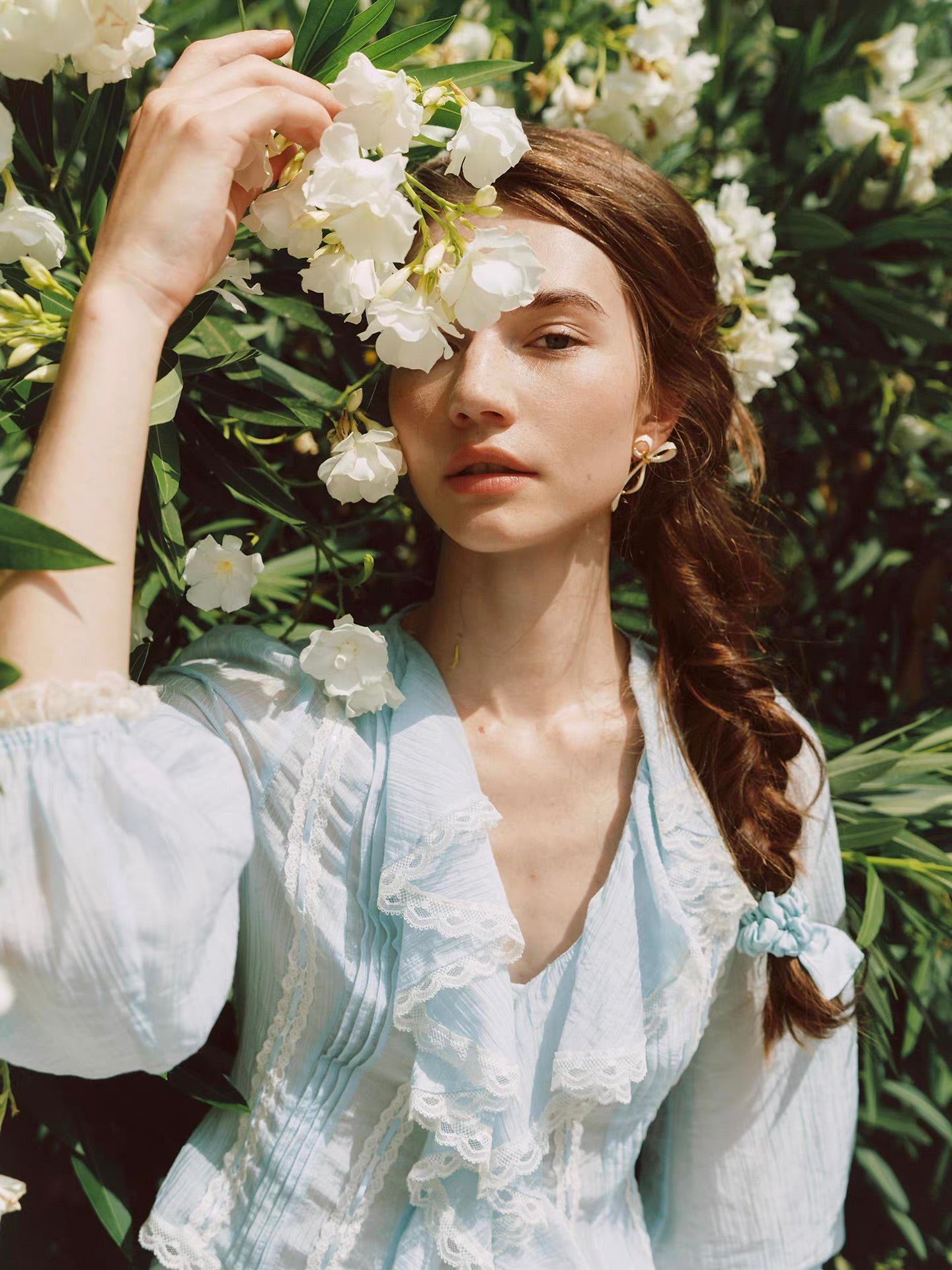 'Springtide' — powder-blue lace-trim blouse & ivory tulle skirt set, ruffle V-collar and pintuck pleats | ÀMonBelAmour