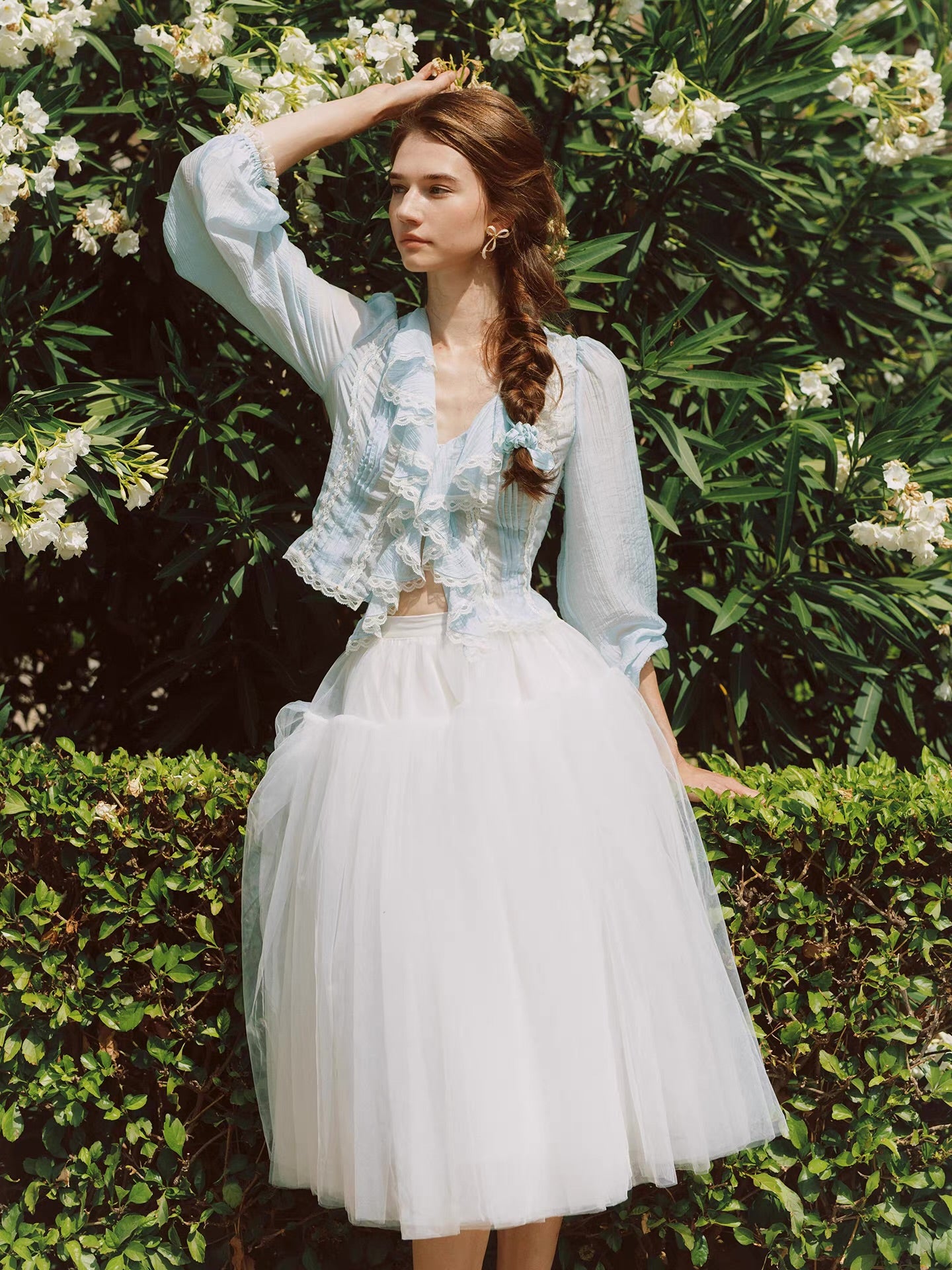 'Springtide' — powder-blue lace-trim blouse & ivory tulle skirt set, ruffle V-collar and pintuck pleats | ÀMonBelAmour