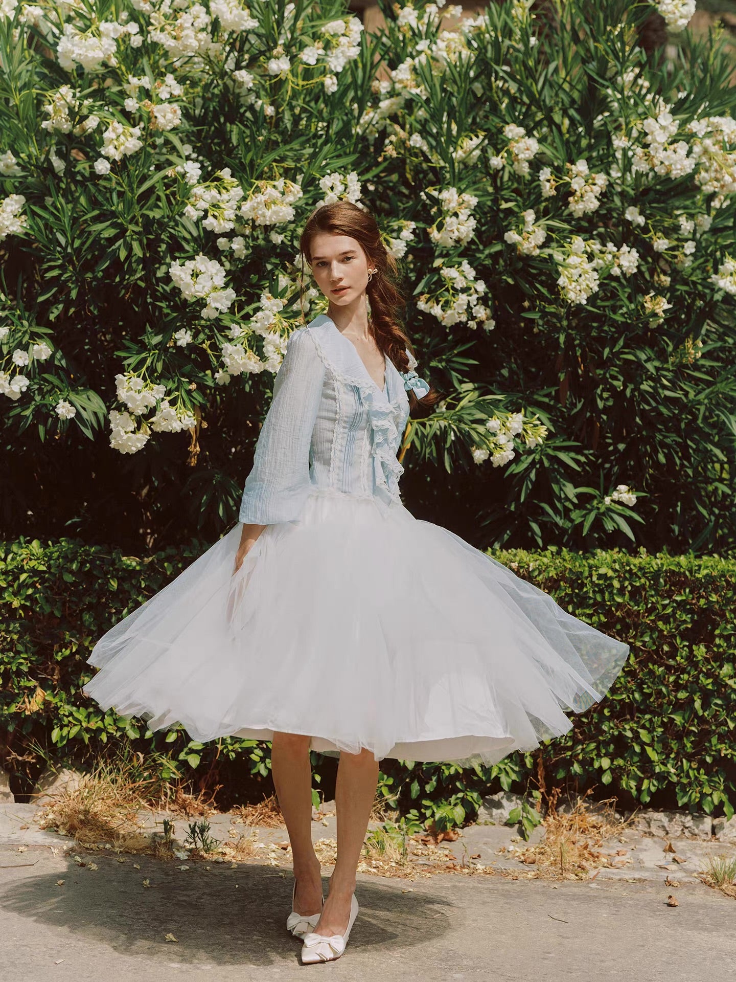 'Springtide' — powder-blue lace-trim blouse & ivory tulle skirt set, ruffle V-collar and pintuck pleats | ÀMonBelAmour