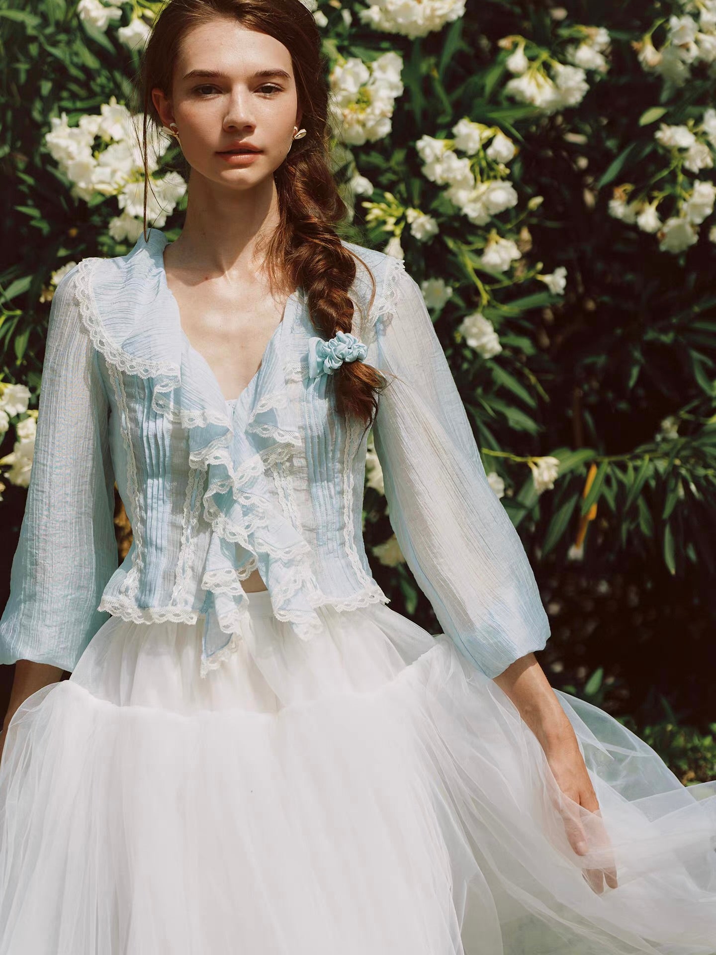 'Springtide' — powder-blue lace-trim blouse & ivory tulle skirt set, ruffle V-collar and pintuck pleats | ÀMonBelAmour