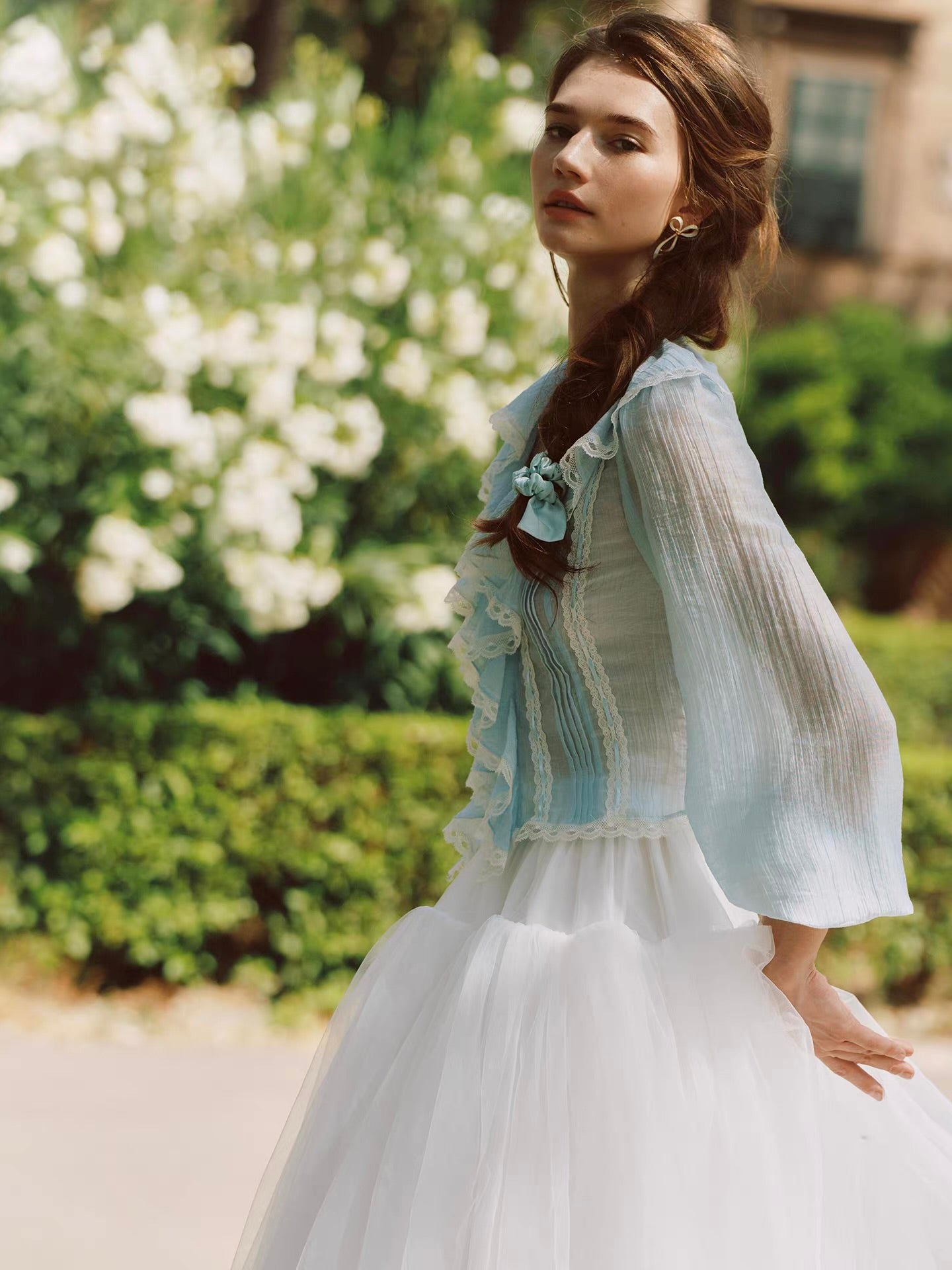 'Springtide' — powder-blue lace-trim blouse & ivory tulle skirt set, ruffle V-collar and pintuck pleats | ÀMonBelAmour
