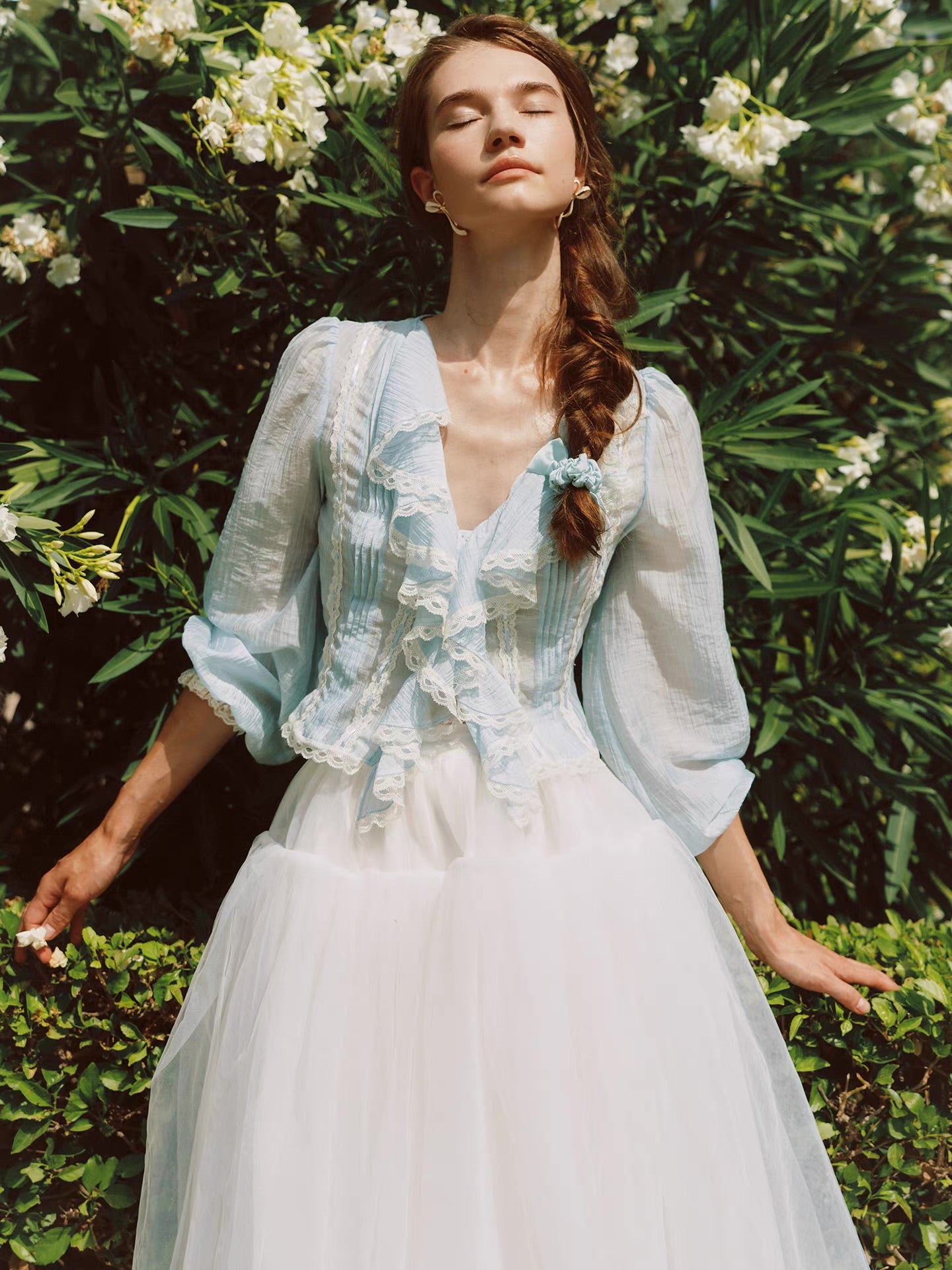 'Springtide' — powder-blue lace-trim blouse & ivory tulle skirt set, ruffle V-collar and pintuck pleats | ÀMonBelAmour
